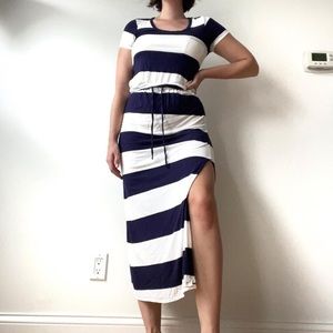 Navy and white striped beachy maxi dress with drawstring waist and slit